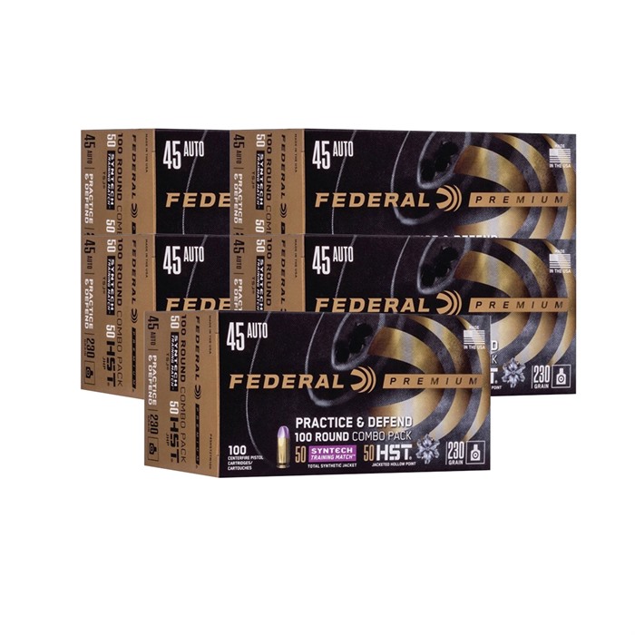PRACTICE & DEFENSE 45 AUTO AMMO - 45 ACP 230GR HST JHP/SYNTECH TSJ 500/CASE
